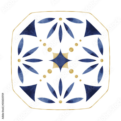 Watercolor decorative Mediterranean tiles elements. Ornamental design for wrapping paper, textiles, postcards, stationery, borders