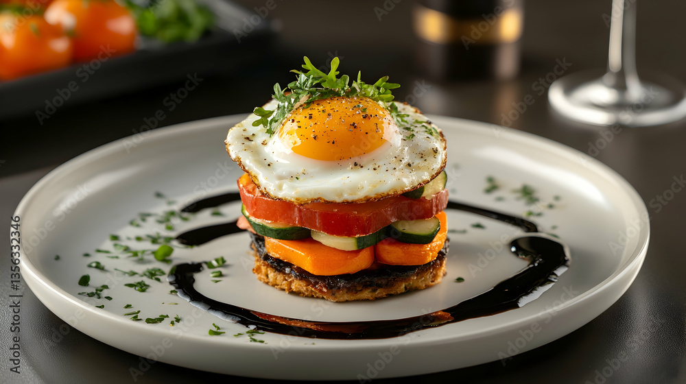 Layered Vegetable Stack with Fried Egg and Balsamic Glaze Layered Vegetable Stack with Fried Egg and Balsamic Glaze