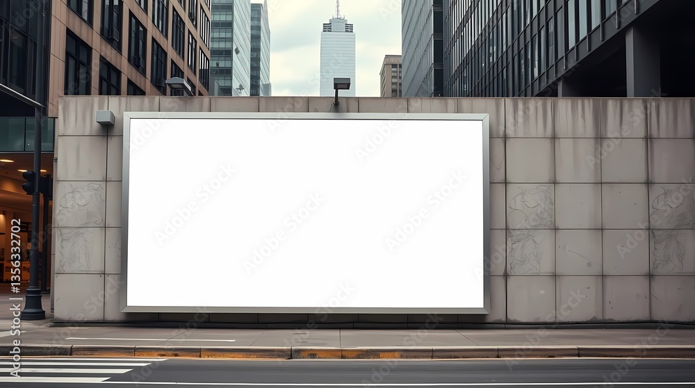 Billboard in the Cityscape: A blank billboard mounted on a concrete wall, offering vast advertising space in the backdrop of a modern city, perfect for showcasing messages.