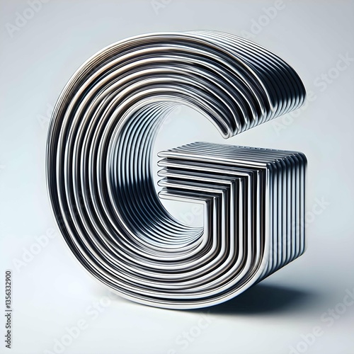 3d typography of the letter G, on a white background, chrome shiny texture