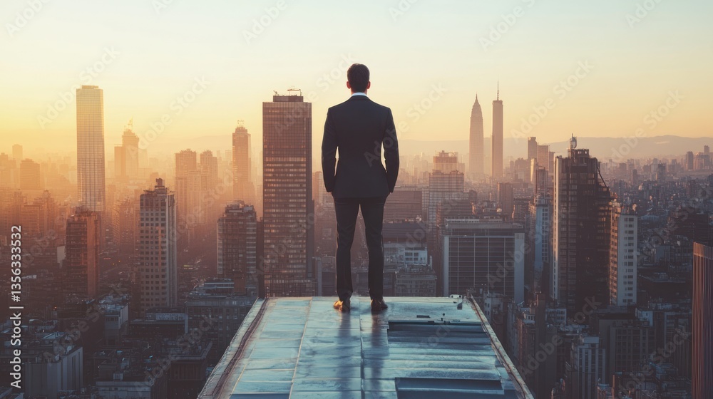 Businessman Contemplating City Skyline at Sunrise Businessman Contemplating City Skyline at Sunrise