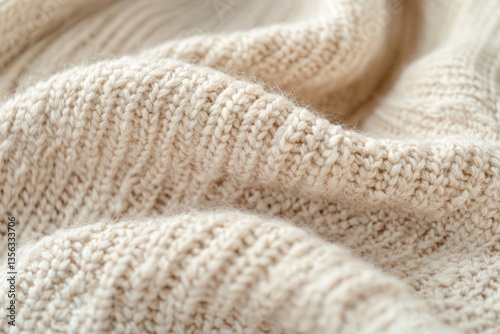 Close-up of soft beige knitted fabric texture.