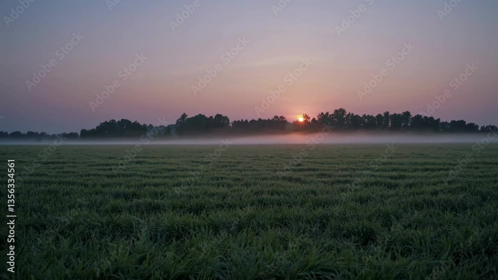 A serene landscape video captures a sunrise over a misty field. The wide-angle shot emphasizes tranquility and natural beauty at dawn. Live desktop wallpaper.