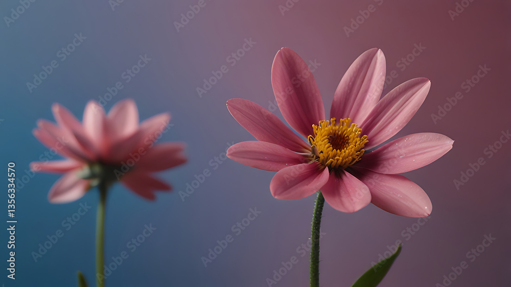 Two Pink Daisies with Yellow Centers Against Soft Blue-Pink Gradient Background
Two Pink Daisies with Yellow Centers Against Soft Blue-Pink Gradient Background
