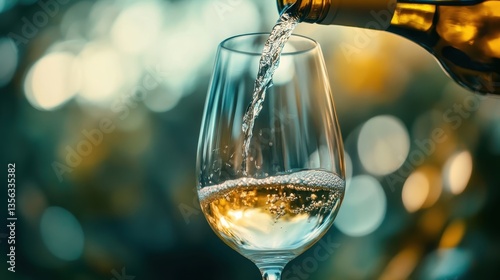 Pouring White Wine: A close-up captures the elegant pouring of white wine into a delicate glass, against a soft, blurred background. Evoking sophistication and conviviality.