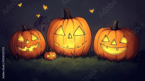 Three jack-o'-lanterns glowing in the night.