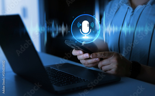 Voice recording and voice search concept.Sound recording or voice search with ai, speaker, music, voice message,assistance and marketing.Person using smartphone with virtual microphone.	