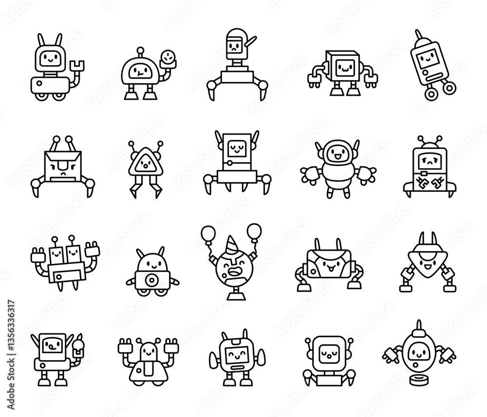 Fototapeta premium Cute kawaii robots with futuristic technology and fun expressions for artificial intelligence, cyber, android, happiness, character, emotion, joy, friendly interaction, modern digital future