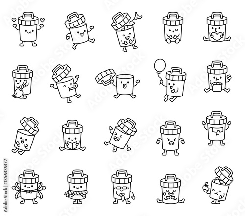 Trash can set featuring adorable kawaii characters with various emotions, accessories, and activities, including heartwarming, funny, and everyday situations in a charming cartoon style