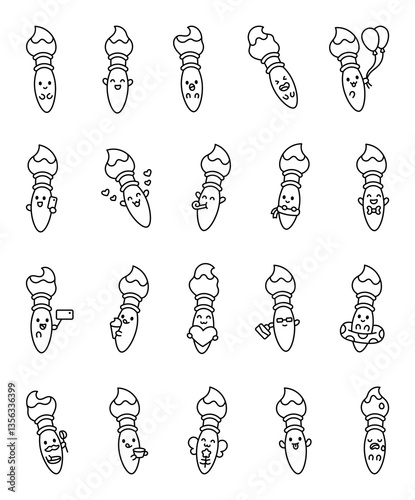 Set of cute kawaii paintbrush characters with various emotions and accessories, including balloons, heart, sunglasses, smartphone, party blower, ice cream, magic wand, and more for artistic designs