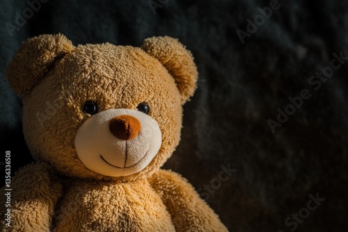 A soft brown teddy bear with black eyes and a smile