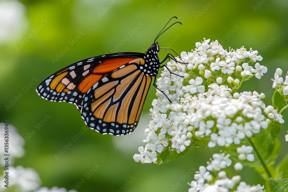 Fototapeta premium Beautiful butterfly resting on a delicate white spring flower, set against a soft green background with pastel colors.