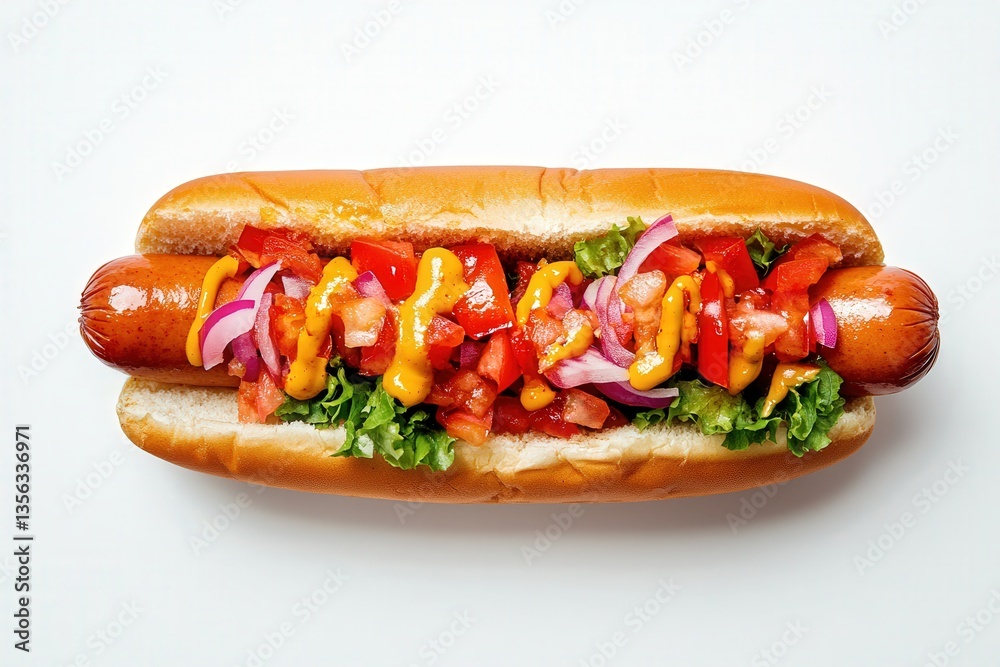 Delicious hot dog with fresh toppings on a white background. Delicious hot dog with fresh toppings on a white background.