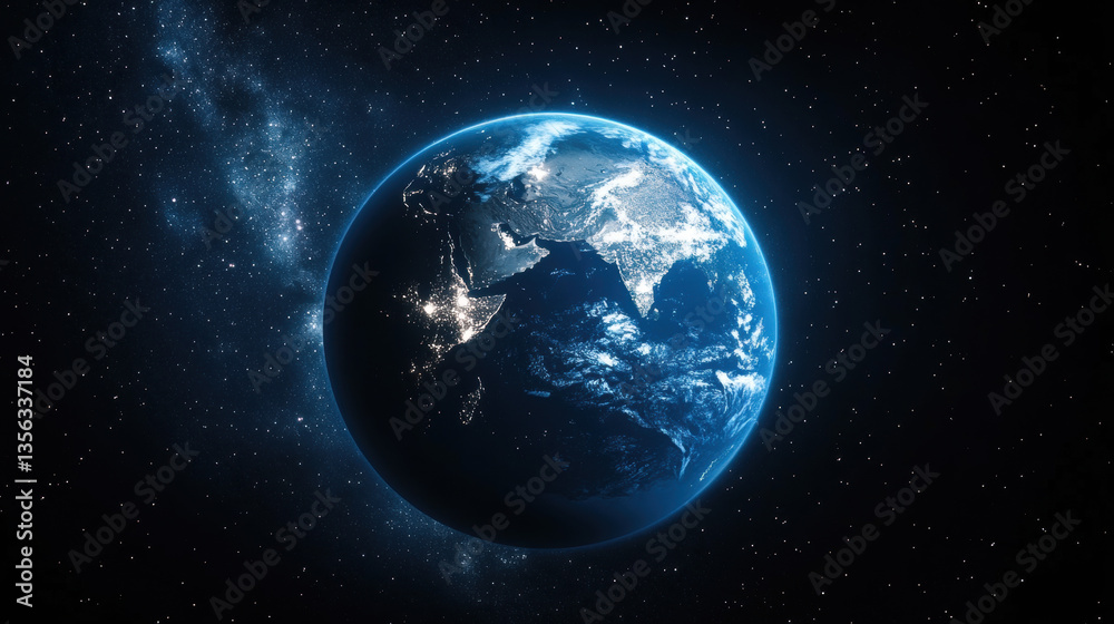 Fototapeta premium The Earth in space, glowing blue and white, with stars in the background