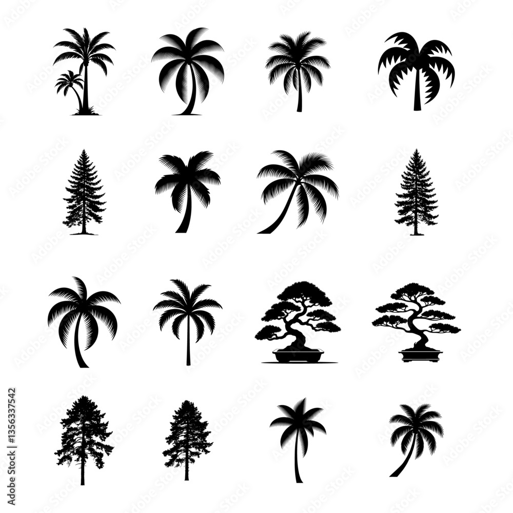 silhouette tree line drawing set, Side view, set of graphics trees elements outline symbol for architecture and landscape design drawing. Vector illustration in stroke fill in white. Tropical