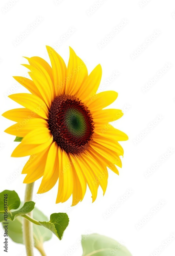 Obraz premium Single sunflower, vibrant yellow petals, pristine white background, agriculture, image