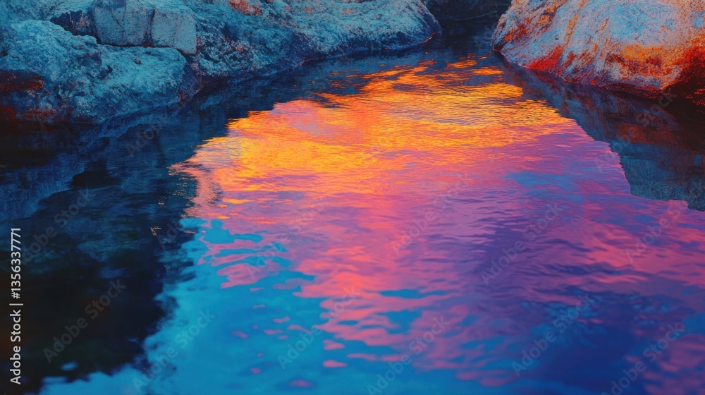 Sunset Reflections Between Rocks, A Symphony of Colors in Tranquil Waters Sunset Reflections Between Rocks, A Symphony of Colors in Tranquil Waters