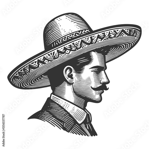 serious man wearing a traditional sombrero and formal suit with a bow tie, showcasing cultural elegance and heritage sketch engraving generative ai vector illustration. Scratch board. Black and white.