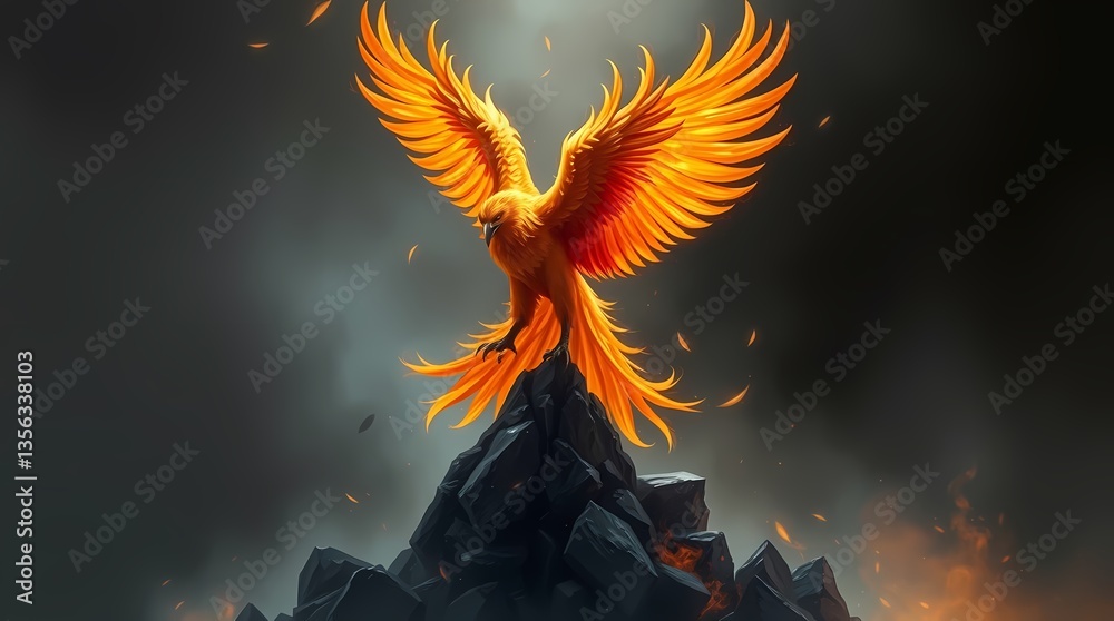 Phoenix Ascendant: A majestic phoenix, ablaze with vibrant orange and gold feathers, perches atop a craggy, dark peak against a dramatic, smoky backdrop.