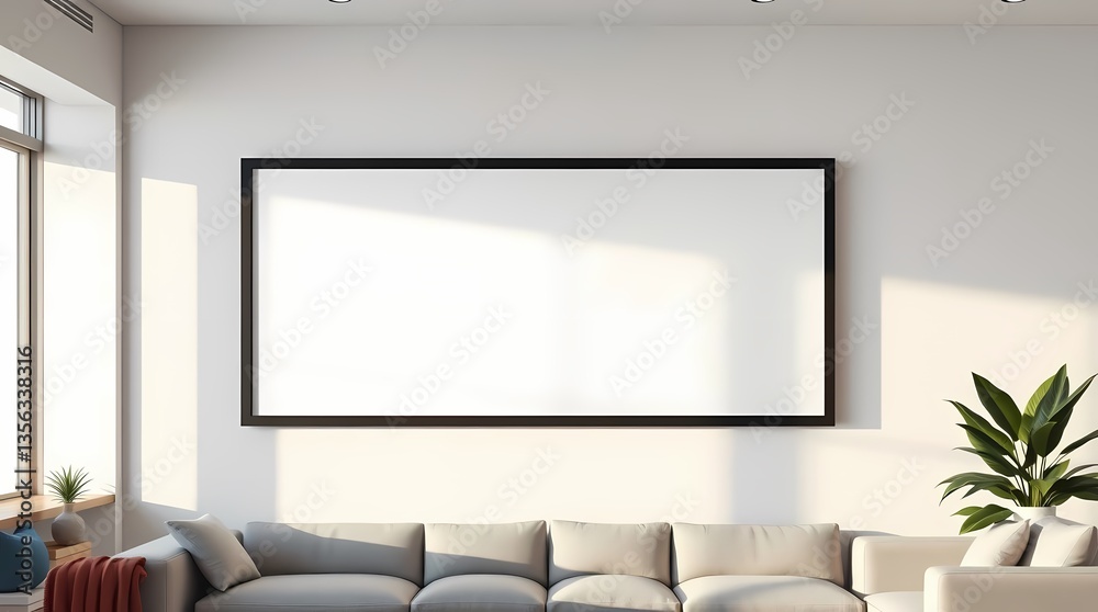 Empty Canvas: A modern living room showcases an empty frame hanging on the wall, offering a blank space for customization and creative display.