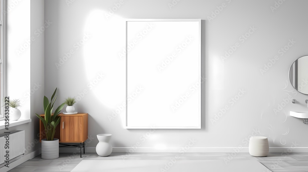 Blank Canvas in a Minimalist Oasis: A bright, airy room featuring a blank canvas. The space is carefully decorated with minimalist decor and plants, creating a serene and inviting atmosphere.