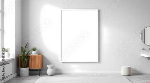 Obraz na płótnie Blank Canvas in a Minimalist Oasis: A bright, airy room featuring a blank canvas. The space is carefully decorated with minimalist decor and plants, creating a serene and inviting atmosphere. w salonie