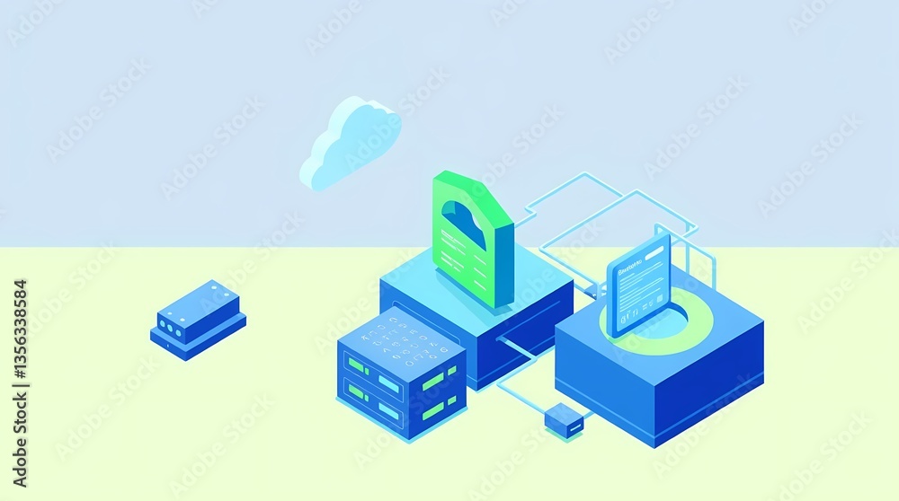 Digital Fortress: An isometric illustration captures the essence of digital security and secure data storage, featuring a stylized lock, servers, and network connections.