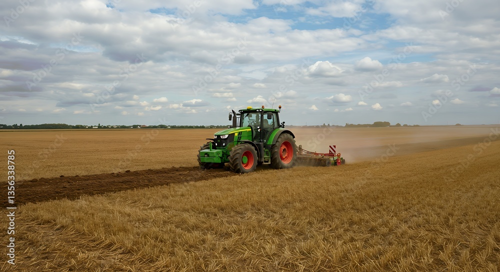 Obraz premium Green tractor plowing a field of stubble under a cloudy sky, concept for agriculture, farming, and harvesting