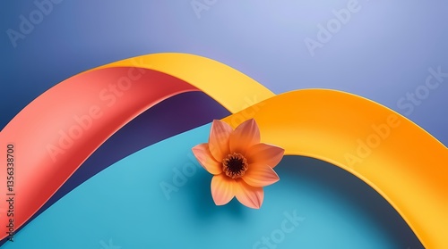 Obraz na płótnie Floral Curves: An eye-level shot showcasing a delicate orange flower gracefully resting atop a vibrant array of multi-colored, sinuous paper ribbons against a softly shaded backdrop. w salonie