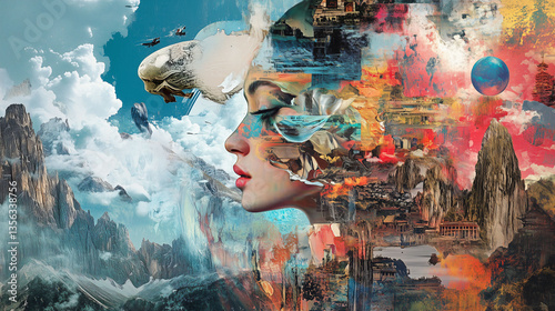 Surreal Digital Collage Blending Traditional Art and Modern Elements in a Dreamlike Landscape. Generative AI