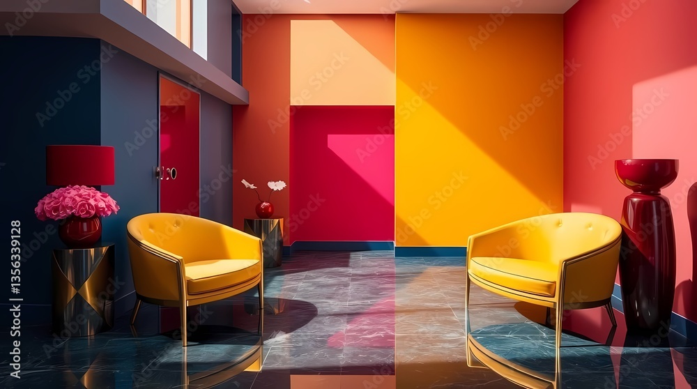 Vibrant Interior: A stylish modern interior space with vivid, color-blocked walls and yellow chairs creates a bold and inviting atmosphere.