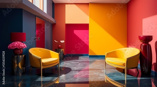Obraz na płótnie Vibrant Interior: A stylish modern interior space with vivid, color-blocked walls and yellow chairs creates a bold and inviting atmosphere. w salonie