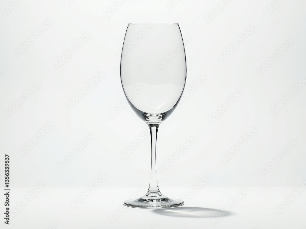 A sleek wine glass with a long stem, casting a shadow on a clean white surface A sleek wine glass with a long stem, casting a shadow on a clean white surface