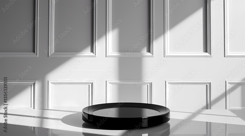 Elegant Platform: A minimalist scene featuring a sleek, black round platform set against a backdrop of structured wall paneling, with sunlit shadows, creating a sophisticated display space.