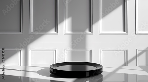 Obraz na płótnie Elegant Platform: A minimalist scene featuring a sleek, black round platform set against a backdrop of structured wall paneling, with sunlit shadows, creating a sophisticated display space. w salonie