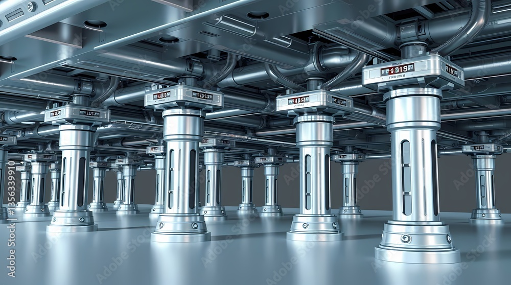 Metallic Machinery: A complex network of industrial machinery gleams with a futuristic allure. These structures, with their intricate patterns and polished surfaces.
