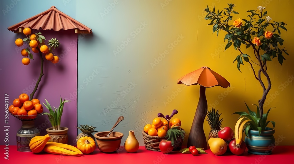 Vibrant Fruit Display: A visually captivating arrangement of fresh fruits and decorative elements set against a colorful gradient backdrop, exuding a sense of abundance and aesthetic appeal.