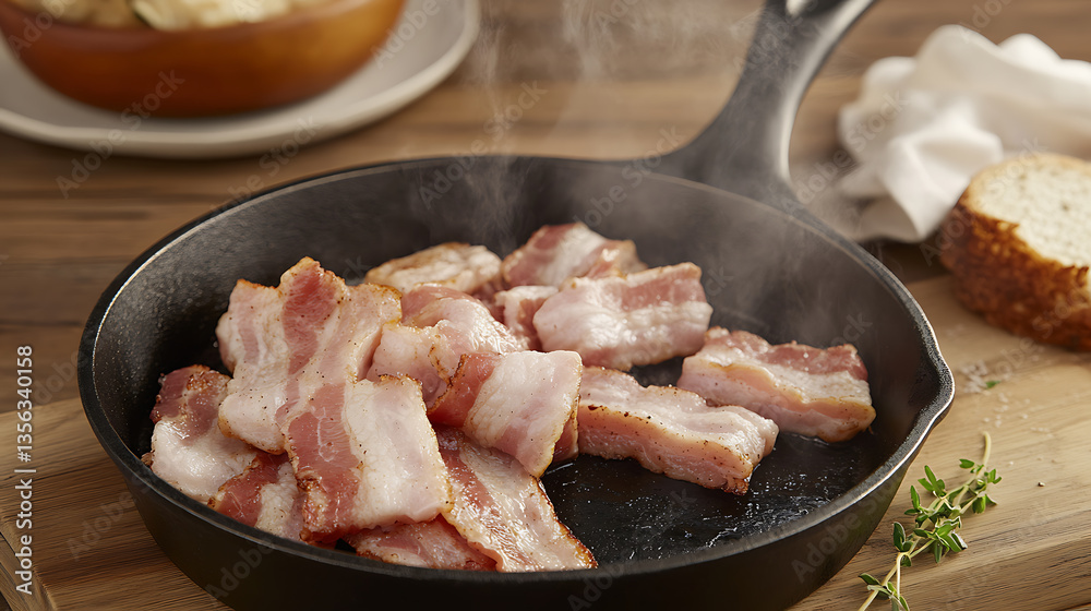 Roasted Bacon Sizzling in Cast-Iron Skillet – Rich Meat Dish, Indulgent Fatty Food, Exploring Cholesterol Levels and Dietary Choices Roasted Bacon Sizzling in Cast-Iron Skillet – Rich Meat Dish, Indulgent Fatty Food, Exploring Cholesterol Levels and Dietary Choices