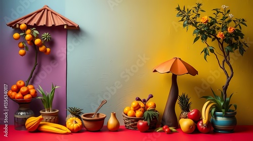 Obraz na płótnie Vibrant Fruit Display: A visually captivating arrangement of fresh fruits and decorative elements set against a colorful gradient backdrop, exuding a sense of abundance and aesthetic appeal. w salonie