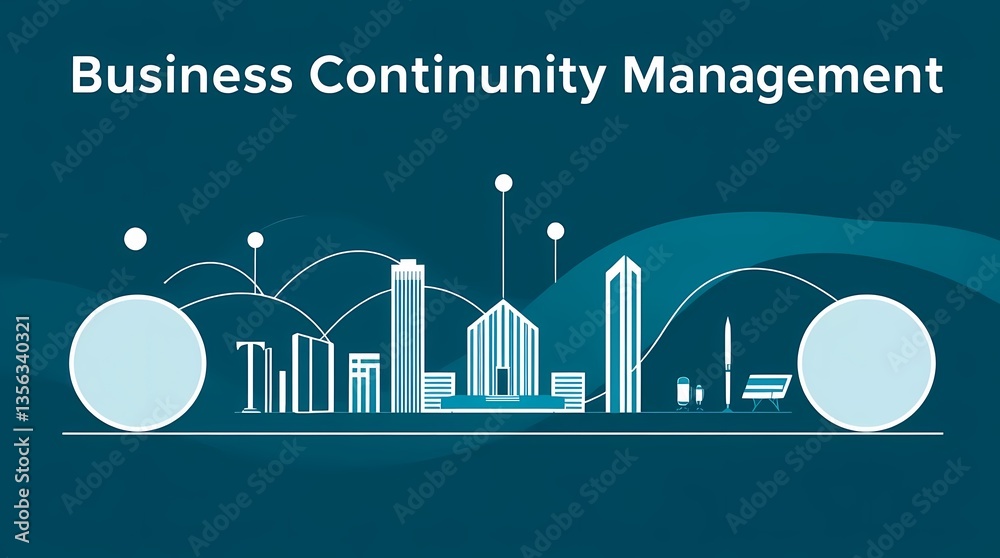 Business Continuity Management: A clean, vector illustration showcases interconnected networks, data flow, and a stylized cityscape to visually represent the essence of proactive business management.