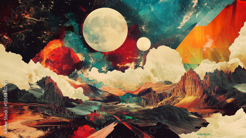 Surreal Digital Collage Features Merging of Vibrant Landscapes With Celestial Bodies and Abstract Textures. Generative AI