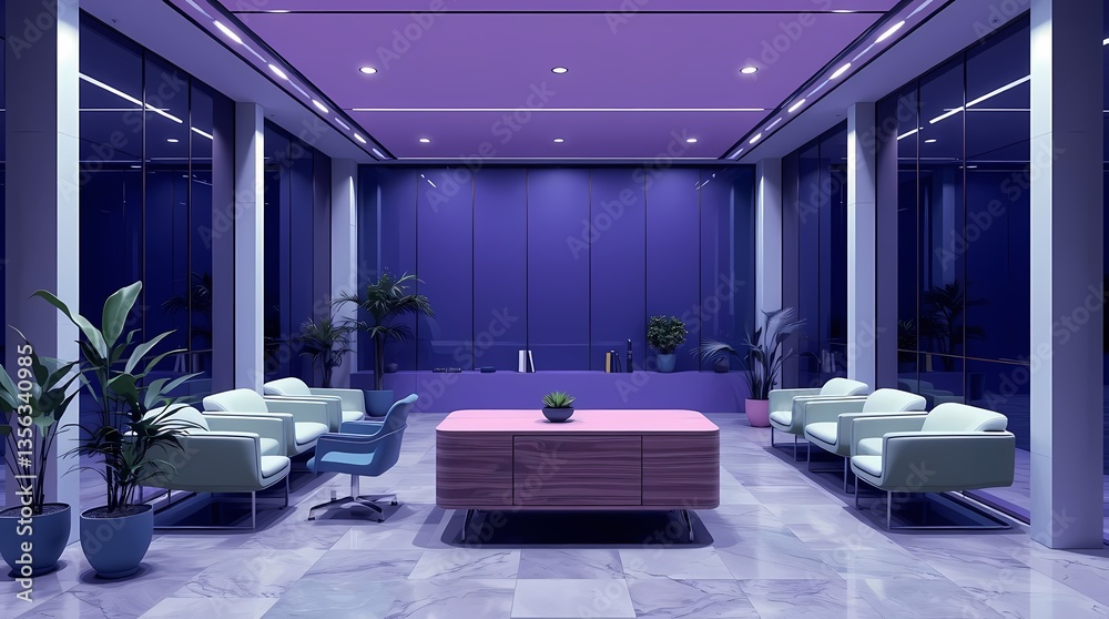 Modern Lobby: A sleek, contemporary lobby bathed in cool, calming hues, featuring minimalist furniture, large windows, and potted plants, creating a sense of space and serenity.
