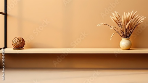 Obraz na płótnie Minimalist Home Decor: A serene still-life composition showcases a spherical woven ornament and a bouquet of dried wheat in a vase, both placed on a wooden shelf against a warm-toned backdrop. w salonie