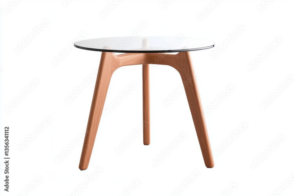 Fototapeta premium Elegant glasstopped side table with wooden base living room furniture design modern aesthetic bright environment eye-level viewpoint