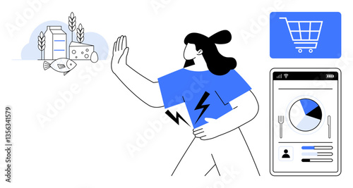 Person rejecting unhealthy food choices, emphasizing digital health tracking and sustainable shopping practices. Ideal for wellness, nutrition, eco-consciousness, decision-making, technology