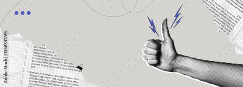 Trendy Halftone Collage Hand showing Thumbs up gesture on paper background. Like sign. Finger up. Customer positive feedback. Business success. Good job. Contemporary abstract vector illustration art