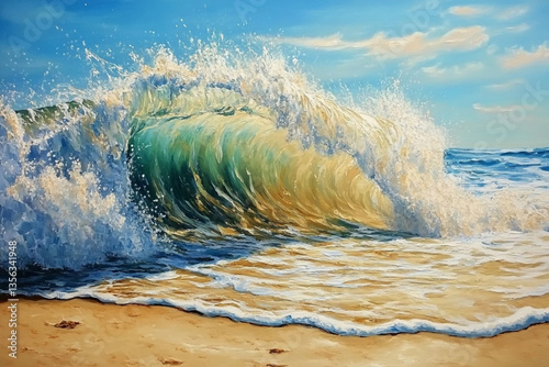 There is a large wave coming in to the shore of the beach