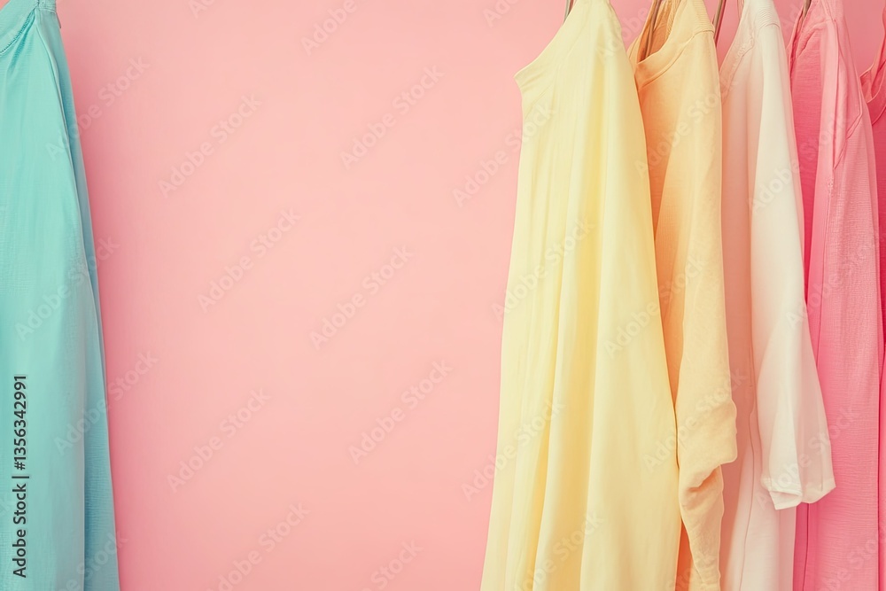 Detailed Image of Closeup of Clothes Hanging Against Pink Background Detailed Image of Closeup of Clothes Hanging Against Pink Background