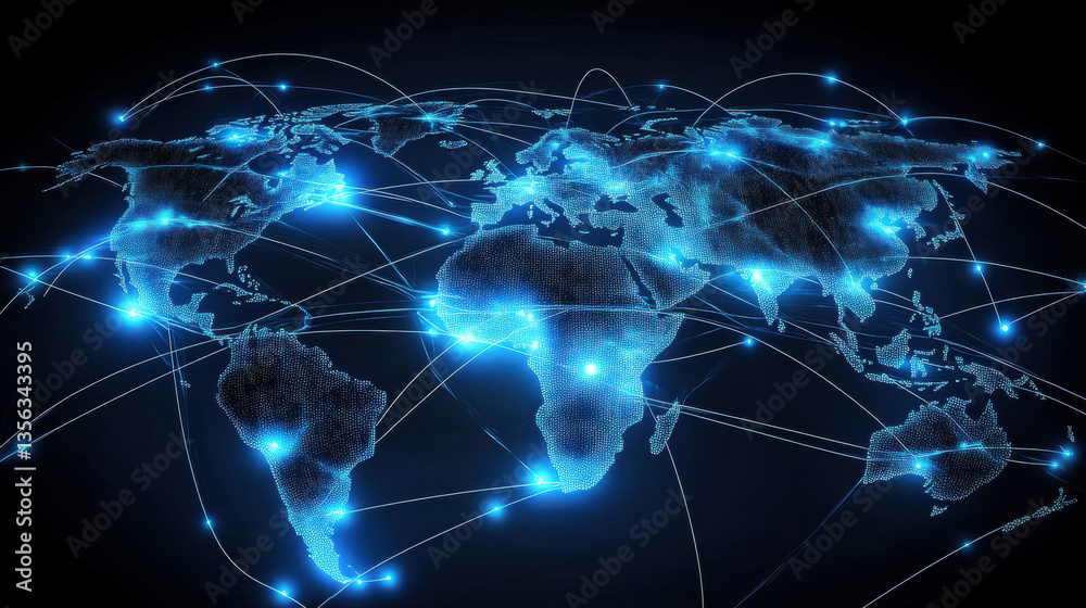 Digital world map with global network connections, blue glowing lines connecting the continents on a black background