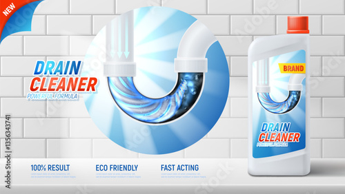 Ad banner of drain cleaner. 3d vector concept of drain pipe cleaner product. Realistic banner with bottle, pipe filled with dirt, white tile on background. Cleansing product ads for sink siphon.
